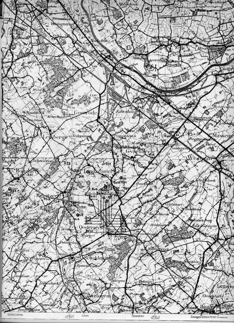 Gedetailleerde kaart bruggenhoofd Gent - Moortsele tot Kwatrecht